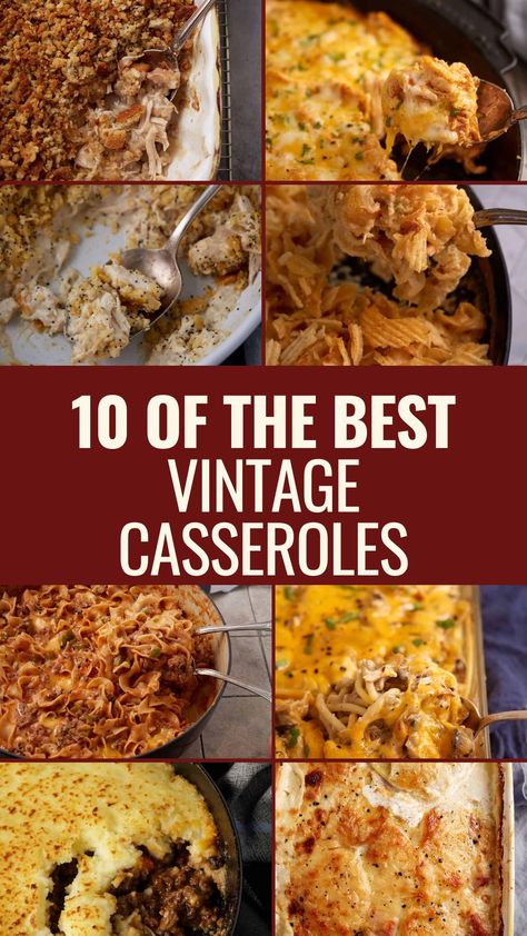 A collage of vintage casseroles. Casserole Recipes Southern, Best Casseroles Dinners, Dinner Casseroles Recipes, Country Casserole Recipes, Best Casserole Dishes, Minnesota Hot Dish Casseroles, 1960s Recipes Vintage, Grandmas Favorite Recipes, 70s Casserole Recipes