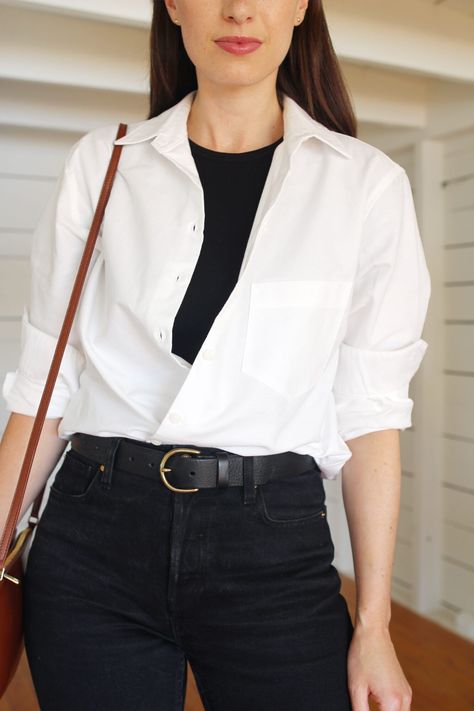 STYLING A WHITE SHIRT FOR FALL - 4 WAYS White Shirt Black Jeans Outfit Women, White Shirt And Black Jeans Outfit, White Shirt And Jeans Outfit Casual, Black Jeans White Shirt Outfit, White Shirt Black Pants Outfit Woman, Black Pants White Shirt Outfit, Black Jeans And White Shirt, White Blouse Outfit Casual, White Tshirt Outfit Women