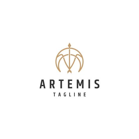 Artemis Logo Design, Artemis Arrow, Bow And Arrow Logo, Artemis Logo, Moon Line Art, Artemis Tattoo, Arrow Line, Temple Logo, Line Art Logo