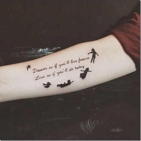 Peter Pan quote tattooed on the arm | www.otziapp.com Tinkerbell Tattoo Small, Disney Quote Tattoos, Disney Tattoos Peter Pan, Neverland Tattoo, Tinkerbell Tattoo, Disney Tattoos Quotes, Tinker Bell Tattoo, Disney Tattoos Small, Peter Pan Tattoo