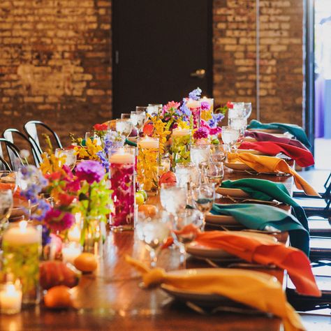 table set-up with multicolor table napkins and multicolor flowers for centerpiece #colorful #colorfulevent #multicolor #creative #tablesetup Alternating Napkin Colors Wedding, Multicolour Wedding Theme, Multicolor Wedding Decor, Colorful Napkins Wedding, Colorful Wedding Table Decor, Colorful Indoor Wedding, Colorful Table Setting Wedding, Vibrant Wedding Decor, Colorful Wedding Table Settings