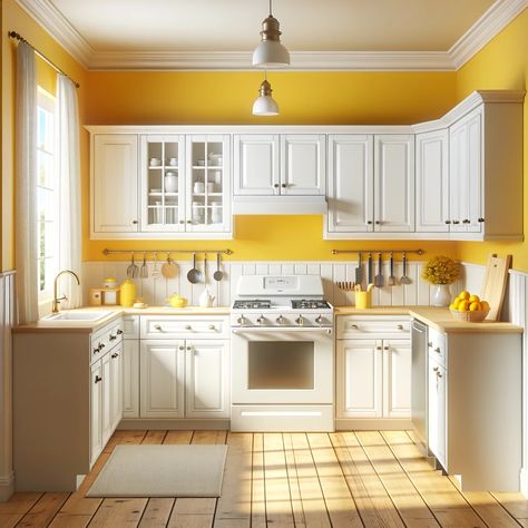 white kitchen cabinets and yellow walls White Kitchen Yellow Walls, Yellow Kitchen Paint, Yellow Country Kitchens, Yellow Kitchen Walls, Kitchen Color Yellow, Yellow Kitchen Designs, Best Wall Colors, Kitchen Wall Colors, Brown Kitchens