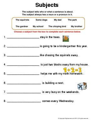 Worksheet | Subjects | Choose a subject from the word box to complete each sentence. Free Subject And Predicate Worksheets, Subject And Predicate Worksheet Class 5, Subject Worksheet, Subject Predicate Worksheet 2nd Grade, Second Grade English, Sentence Transformation Worksheets, Constructing Sentences Worksheets, Common Noun, Proper Nouns Worksheet