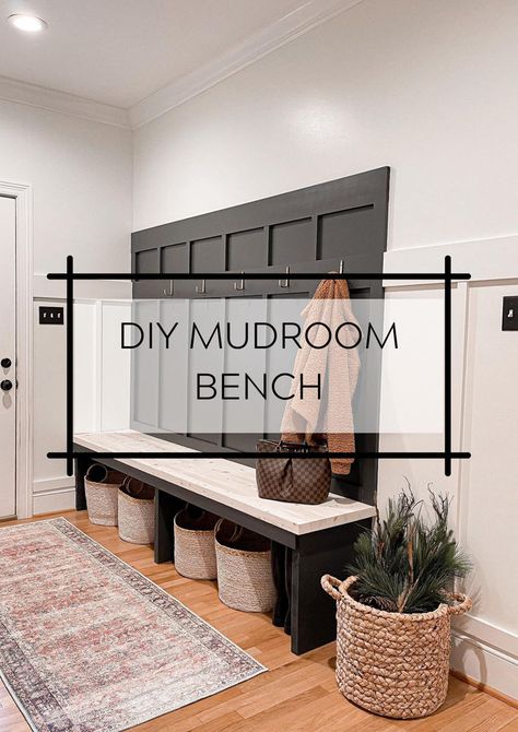 DIY Mudroom Bench Diy Farmhouse Bench With Storage, Mudroom Built In Plans, Diy Home Decor Entryway, Mud Room Diy Cheap, Mudroom Bench Colors, Entryway Bench And Coat Rack Ideas, Entryway Makeover Entrance, Kitchen Coat Rack, Outside Mudroom Front Porches