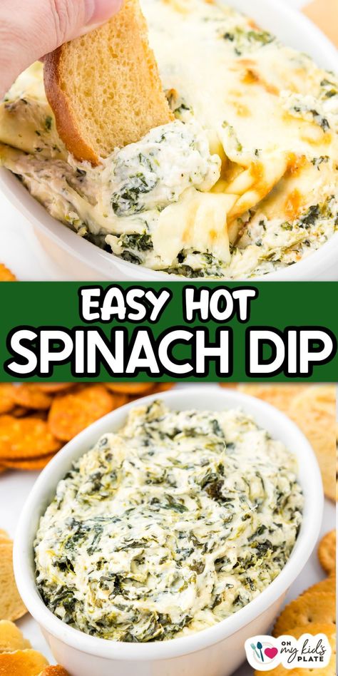 Easy cheesy baked spinach dip is a popular hot appetizer perfect for Christmas, Thanksgiving, New Year's, game day and parties, this easy dip is a gooey crowd pleaser. Easy Baked Spinach Dip, Grinch Spinach Dip, Spinach Dip Crock Pot Easy, Easy Thanksgiving Appetizers Dip, Spinach Feta Dip Baked, Spinach Entree Recipes, Baked Spinach Dip Recipe, Quick Spinach Dip, Spinach Feta Dip