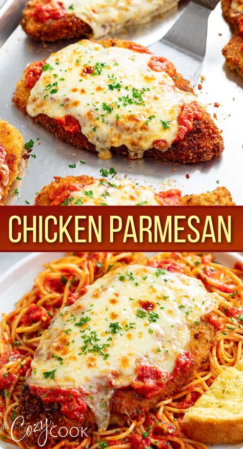 This restaurant-worthy Chicken Parmesan recipe is easy to make in a skillet and bake in the oven with marinara and mozzarella! Serve this with pasta for an Italian dinner that your family will love! Chicken Parmesan Recipe Easy, Chicken Parmesan Recipe Baked, Chicken Parmesan Recipe, Parmesan Recipe, Italian Dinner Recipes, Parmesan Recipes, Pasta Dinner Recipes, Italian Dinner, Health Dinner Recipes