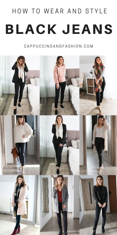 Smart Casual Black Jeans Outfit Women, Black Coated Jeans Outfit Winter, Black Jeans Cardigan Outfit, Black Jeans Work Outfit Fall, Outfits For Black Pants, Styling Black Straight Leg Jeans, Black Boots With Black Jeans, Women Black Jeans Outfits, Black Jeans Women Outfit