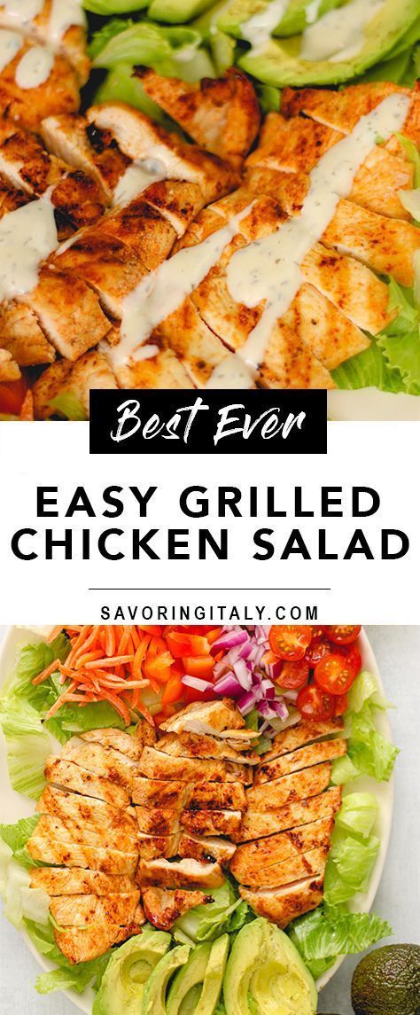 This Simple Grilled Chicken Salad served with Ranch Dressing is a delightful choice for a main course salad. It combines marinated grilled chicken atop a bed of fresh romaine lettuce, creamy avocado, sweet cherry tomatoes, sharp red onions, and vibrant shredded carrots and red peppers. Finished with a dairy-free ranch dressing, it's not only flavorful but healthful too. Easy Grilled Chicken Salad, Simple Grilled Chicken, Chicken Salad Dressing, Lettuce Salad Recipes, Leafy Salad, Easy Salad Dressing, Easy Grilled Chicken, Shredded Carrots, Healthy Chicken Salad