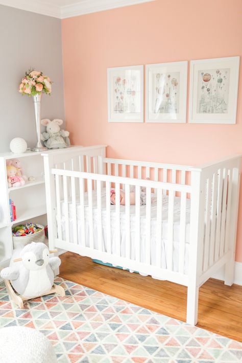 Grey And Coral Nursery, Salmon Pink And Gray Bedroom, Peach And Grey Nursery, Coral And Mint Nursery, Coral Nursery Ideas Girl, Coral Playroom, Peach Baby Room, Peach Nursery Girl, Baby Girl Nursery Color Schemes