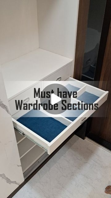 Bhushan Bargat Designs on Instagram: "SOMETHING DIFFERENT FOR YOUR WARDROBE... A secret drawer for storing things you wish to keep safe & hidden; and a pull out tray for you watches, ties and cuff links. #interiordesign #interior #wardrobe #secretdrawer #accessories #instagram #instareels #viralreels #trending #nagpur" Pull Out Dressing Unit, Watch Storage In Wardrobe, Jewelry Safe Hidden, Watch Drawer In Wardrobe, Accessories Tray Wardrobe, Dressing In Bedroom Ideas, Wardrobe Drawers Ideas, Boys Wardrobe Ideas, Wardrobe Accessories Storage