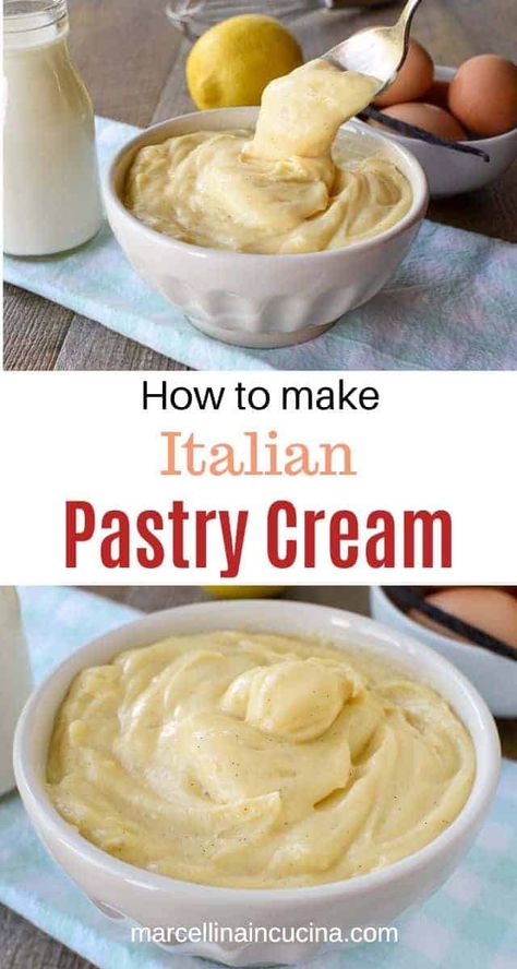 Italian Pastry Cream Custard Filling, Italian Custard Cream, Italian Cream Puffs With Custard Filling, Homemade Whipped Cream Easy, Italian Pastry Cream Recipe, Pastry Custard, Easy Homemade Whipped Cream, Italian Pastry Cream, Yolk Recipes