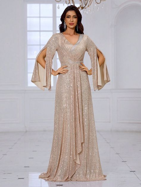 Champagne  Collar Long Sleeve Sequins Plain,All Over Print A Line Embellished Slight Stretch  Weddings & Events Luxurious Party, Womens Prom Dresses, Wedding Clothes, Long Sleeve Sequin, Women's Evening Dresses, Women Formals, Formal Evening Dresses, Ladies Party, Dress P