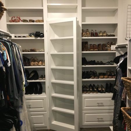 Master-Closet,-Hidden-Door-Prosper-2 Hidden Door In Closet, Hidden Door Ideas, Door Remodel, Closet Safe, Custom Closet Shelving, Hidden Closet, Townhouse Ideas, Master Closet Design, Aesthetic Door