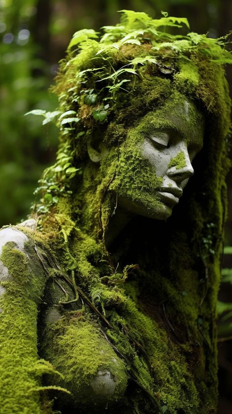 Statue Covered In Moss, Mother Nature Personified, Biodiversity Art, Elven Garden, Mother Nature Art, Tree Person, Woodland Witch, Forest Goddess, Wood Fairy