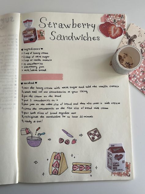 Cupcake Recipes Drawing, Cook Book Cover Design Aesthetic, Recipe Sketchbook, Cook Book Ideas, Aesthetic Recipe Book, Sando Recipe, Strawberry Sando, Recipes Drawing, Recipe Book Covers