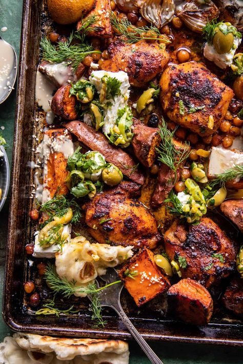 Sheet Pan Curry Butter Chicken with Sweet Potatoes and Tahini | halfbakedharvest.com Half Baked Harvest Sheet Pan, Curry Butter Chicken, Harvest Sheet Pan, Half Baked Harvest Recipes, Indian Butter Chicken, Sheet Pan Suppers, Ginger Chicken, Chicken Sweet Potato, Harvest Recipes