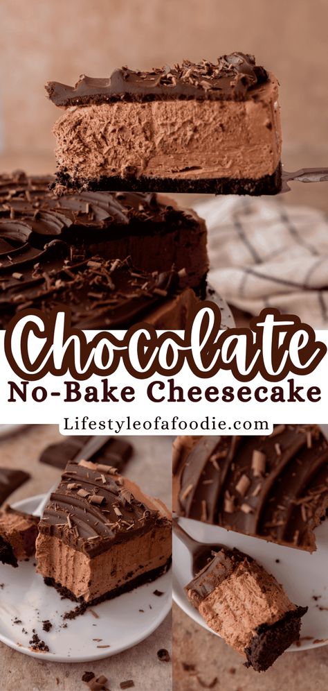 This no bake chocolate cheesecake recipe is the perfect dessert for when you want something rich and creamy with rich chocolate flavor. Winter Baking Recipes, Easy Chocolate Cheesecake, Oreo Crust Cheesecake, Chocolate Cheesecake Recipe, Lifestyle Of A Foodie, No Bake Chocolate Cheesecake, 3 Ingredient Desserts, Easy No Bake Cheesecake, Chocolate Dishes