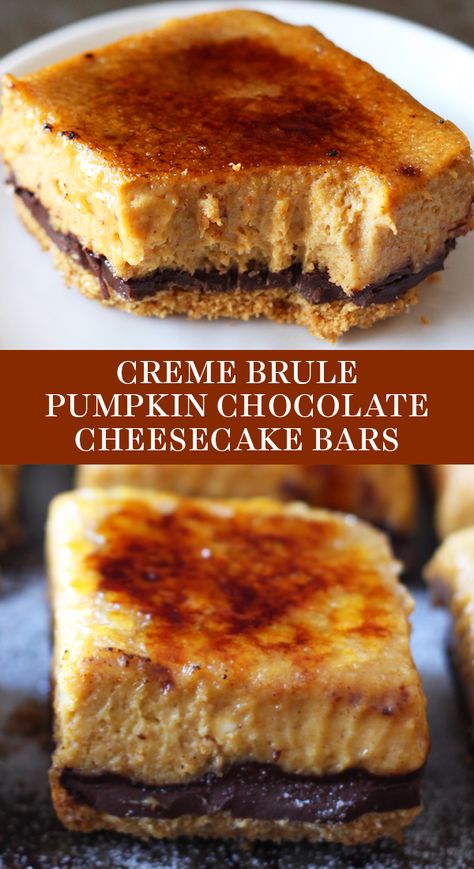 Pumpkin Chocolate Cheesecake, Creme Brulee Cheesecake Bars, Chocolate Cheesecake Bars, Fall Eats, Dessert Aux Fruits, Desserts Vegan, Desserts For A Crowd, Pumpkin Flavor, Best Pumpkin