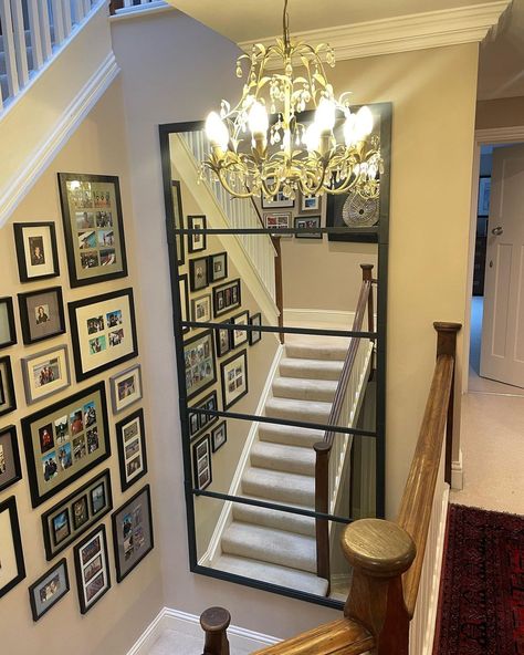 Large mirror wall mounted to enhance and reflect our clients stairway landing area. Viewed from three stairway points it certainly opened… | Instagram Up Stairs Hallway Decor, Tall Ceiling Stairway Decor, Mirror Wall Decor Stairs, Mirror Above Stairs, Mirrors On Staircase Wall, Staircase Mirror Ideas, Mirror Stairway Wall, Stairway Landing Decor, Mirror On Stairway Wall