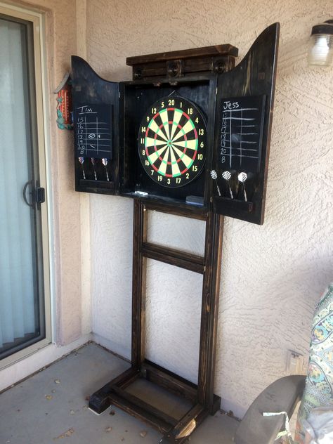 Updated Dart Board Cabinet Stand Mobile Dart Board Stand, Free Standing Dart Board Stand Diy, Outdoor Dart Board Stand, Dart Board Stand Diy, Portable Dart Board Stand Diy, Diy Dart Board Cabinet, Outdoor Dart Board Ideas, Diy Dart Board Backing, Dart Board Stand