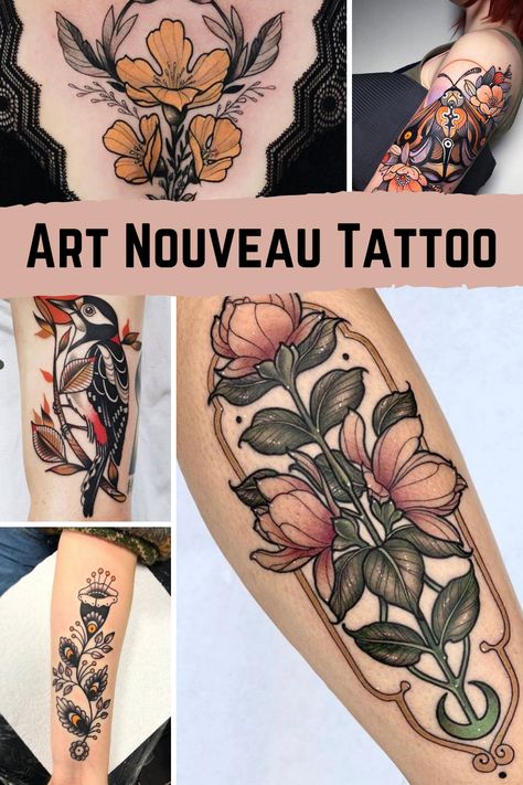 Art Nouveau Tattoo Style Defined - TattooGlee How To Draw Art Nouveau Style, Art Neuvo Tattoos, Neo Romanticism Tattoo, Art Nouveau Flower Tattoo, Art Nouveau Back Tattoo, Art Nouveau Tattoos, Art Nouveau Tattoo Woman, Art Nouveau Floral Tattoo, Art Nouveau Tattoo Flower