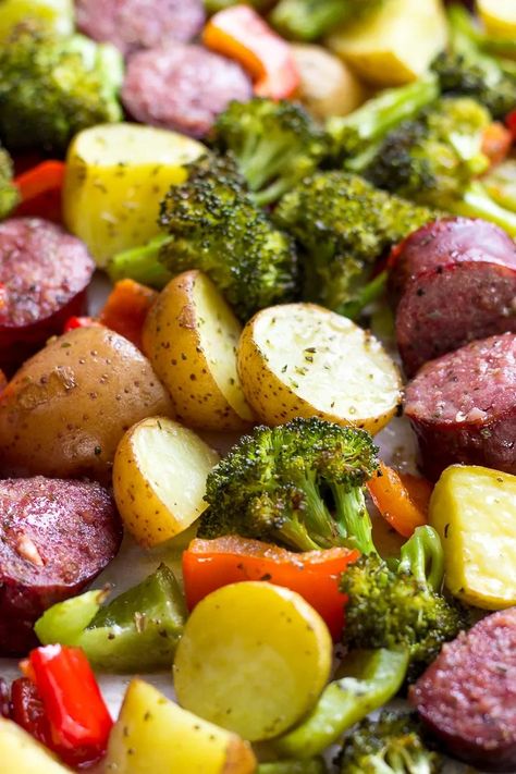 Kielbasa And Veggies Sheet Pan Dinner - Lavender & Macarons Kielbasa And Veggies, Sheet Pan Kielbasa, Kielbasa Potatoes, Macarons Easy, Kielbasa And Potatoes, Potatoes Broccoli, Lavender Macarons, Kielbasa Recipes, Italian Sausage Recipes