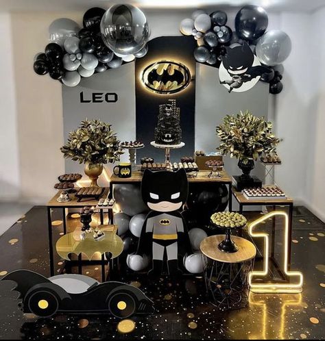 Batman first birthday theme and decorations First Birthday Themes For Boys, Batman Party Decorations, Batman Themed Birthday Party, Baby Boy Birthday Themes, First Birthday Theme, Superman Birthday, 16th Birthday Decorations, Boy Birthday Decorations, Boys 1st Birthday Party Ideas