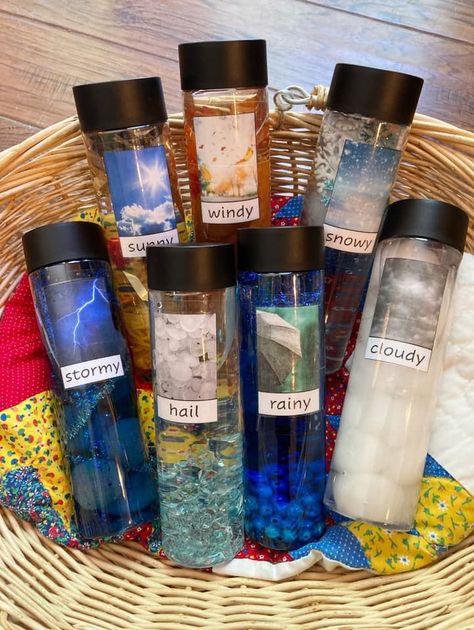 Sensory Bottles Preschool, Hairstyles For Black Girls Kids, Preschool Weather, Sensory Bottle, Weather Theme, Eyfs Activities, Sensory Crafts, Toddler Classroom, Nursery Activities