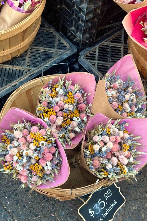 Pink Blue Winter Flowers Dried Flower Bouquet Farmers Market Arrangement Floral Yellow White Soft Farm Market Ideas, Bouquet Recipe, Farmers Market Flowers, Farmers Market Display, Cut Flower Farm, Dried Wreath, Flowers For Sale, Flower Business, Flower Farmer