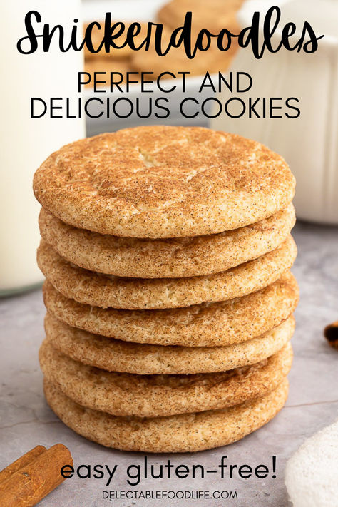 The BEST Delicious Gluten-Free Snickerdoodle Cookie Recipe is everything you love about this classic Snickerdoodle cookie, except without the gluten. These cinnamon-coated sugar cookies are sweet, soft, and made with only a few simple ingredients. If you love Snickerdoodles as I do, you will LOVE this recipe! It’s a simple and delicious cookie recipe for home cooks. It's a classic and chewy cookie perfect for dunking! Gluten Free Snickerdoodles Cookies, Snickerdoodle Gluten Free Cookies, Gluten And Dairy Free Snickerdoodles, Quick Gf Cookies, Recipes For Gluten Free Cookies, Pumpkin Snickerdoodles Gluten Free, Sugar Free Snickerdoodle Cookies, Gluten Free Easy Cookies, Simple Gluten Free Cookies