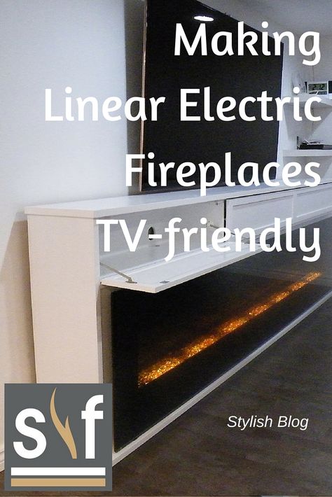 Stylish Blog: Making Linear Electric #Fireplaces TV-friendly. Fireplace design tips. Electric fireplace features & benefits. Installing TV's above fireplaces. Electric Fireplace With Ikea Built Ins, Floating Electric Fireplace Ideas With Tv, Linear Fireplace With Tv Above, Fireplaces Tv, Linear Electric Fireplace, Fireplace Media Console, Tv Above Fireplace, Small Bathroom Wallpaper, Fireplace Bookshelves