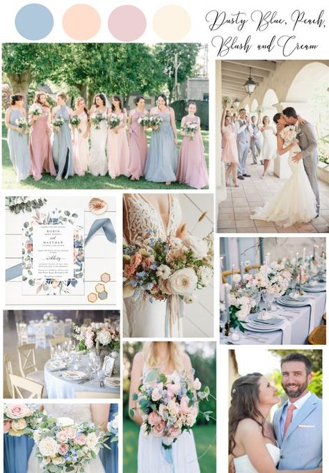 Blush Pink Blue Wedding, Dusty Blue Cream Wedding, Dusty Blue Dusty Rose Sage Green Wedding, Romantic Farmhouse Wedding, Blue White Blush Wedding, Wedding Color Blue And Pink, Blush Pink And Sage Green Wedding Ideas, Sea Glass And Blush Wedding, Dusty Pink Dusty Blue Wedding