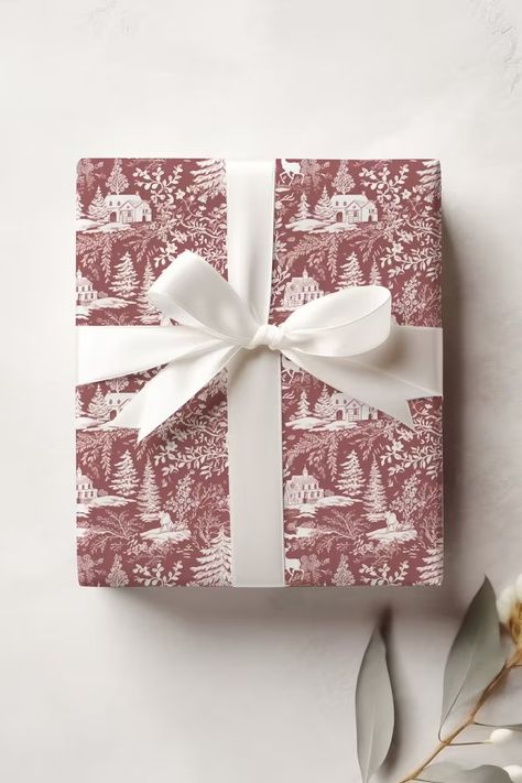 Red Christmas Toile Wrapping Paper: Red toile Wrap Xmas - Etsy White Wrapped Christmas Presents, Red And White Gift Wrapping, Christmas Toile Wrapping Paper, Christmas Gift Wrapping Ideas Red, Burgundy Christmas Wrapping Paper, Classic Christmas Gift Wrapping, Red And Gold Gift Wrapping Ideas, Christmas Fabric Wrapping, Red Gift Wrap