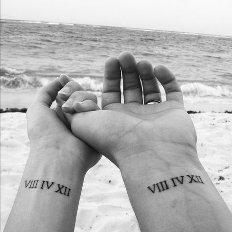 Couples tattoo with wedding date. This would be the only tattoo id ever get but placement would be somewhere else because of my career choice Wedding Date Tattoos, Married Couple Tattoos, Tattoo Placements, Roman Numeral Tattoos, Date Tattoos, Muster Tattoos, Matching Couple Tattoos, Behati Prinsloo, Matching Tattoo