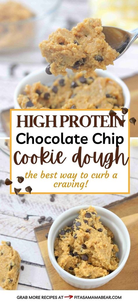 Two images of protein cookie dough with chocolate chips in a white ramekin and the top image a close up of a spoonful with text between the images.