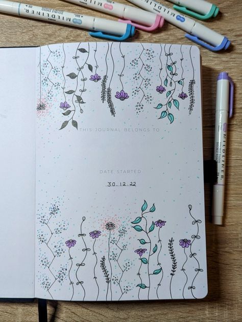 Journal / bullet journal / scrapbook front page, name page, name and date page, art, artistic, floral design Journal Inspiration Front Page, Notebook Cover Page Aesthetic, Decorative Pages Journal, Opening Journal Page Ideas, Artbook Front Cover Ideas, Name For Journal, Names For Your Journal, Cute Journal Front Cover Ideas, Front Page Art Sketchbook