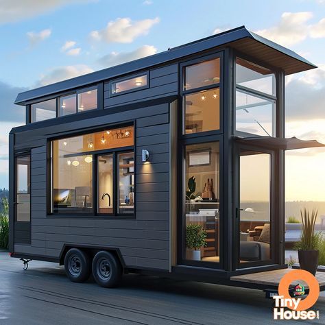 Check out this stunning tiny house on wheels! This one features an ultra-modern design style with a sleek architectural aesthetic. The color palette of Charcoal and Light Gray adds a touch of sophistication.  Which design element catches your eye? Would you incorporate any into your own home? Comment below! #tinyhouse #architecture #moderndesign #colorpalette Tiny House On Wheels Interior Design, Tiny House Wheels, Micro House Plans, Architectural Aesthetic, Tiny Mobile House, Tiny House Furniture, Tiny Home On Wheels, Tiny House Village, Shade House