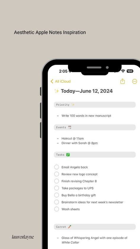 Aesthetic Apple Notes Inspiration plannersociety #travelbudgetplanner #planneressentialsbundle #todoplanner📖 Iphone Notes Ideas Aesthetic, To Do List Wallpaper Iphone, Aesthetic Apple Notes, Apple Notes Templates, Apple Notes Organization, Apple Notes Ideas, Reminders App Aesthetic, Good Notes Inspo Ipad, Apple Reminders Aesthetic