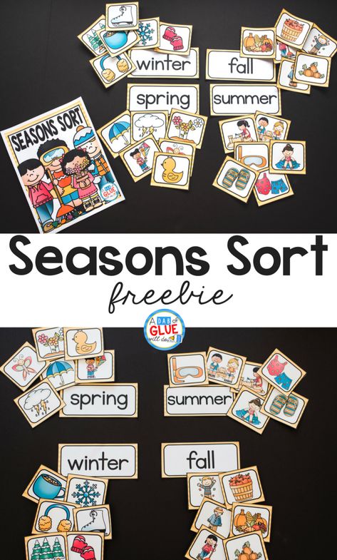 Seasons Math Activities Preschool, Four Seasons Sorting Activity, Weather Circle Time Activities, Weather Sorting Activity, Seasons Year 1, A Dab Of Glue Will Do Freebies, Seasons Sorting Activity Free Printable, Seasons Printables Free, Seasons Of The Year Printables