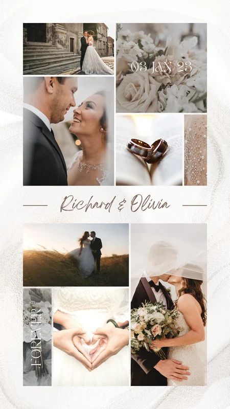 Free Canva Template - Aesthetic Wedding Photo Collage Instagram Story Design Free Download Engagement Photos Collage, Engagement Anniversary Story Ideas, Pre Wedding Story Ideas, Wedding Anniversary Insta Story Ideas, Wedding Story Ideas Instagram, Wedding Photo Collage Ideas, Wedding Ig Story Ideas, Instagram Wedding Story Ideas, Couple Collage Ideas