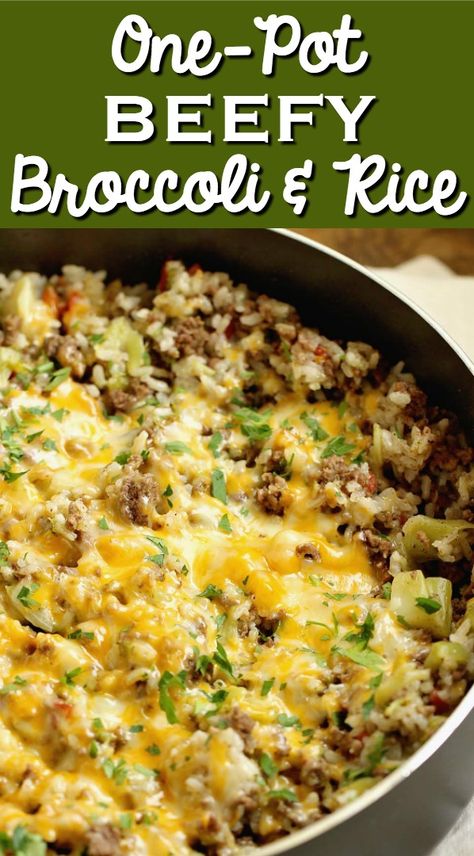 One-Pot Beefy Broccoli Rice - A quick, easy, and hearty one-pot supper filled with ground beef, broccoli, rice and topped with cheese. Ground Beef And Broccoli, Broccoli And Rice, Beef Broccoli, Beef Casserole Recipes, Broccoli Rice, Beef And Rice, Ground Beef Recipes For Dinner, Broccoli Beef, Rice Casserole