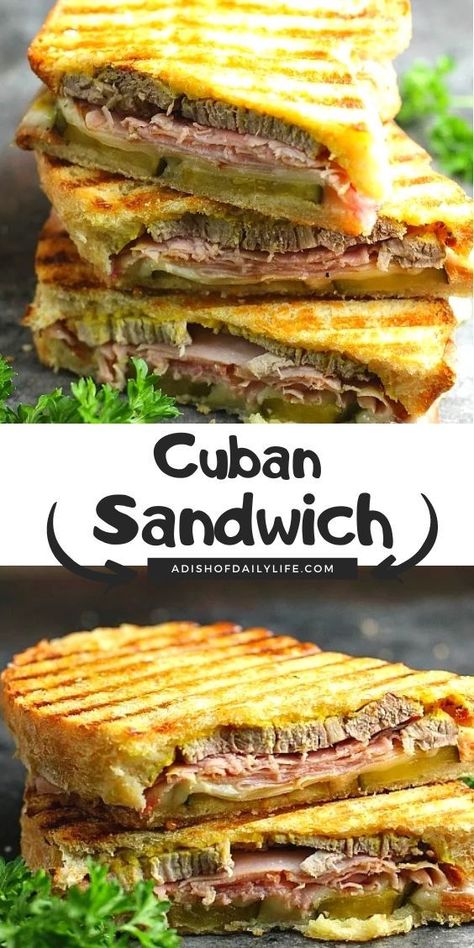 This Cuban Sandwich is packed with flavor — a mouthwatering combination of Cuban pork, ham, swiss cheese, and pickles, grilled to golden perfection! Cuban Pork Sandwich, Cubano Recipe, Sandwich Cubano, Cuban Sandwich Recipe, Cubano Sandwich, Cuban Pork, Sandwhich Recipes, Cuban Dishes, Gourmet Sandwiches