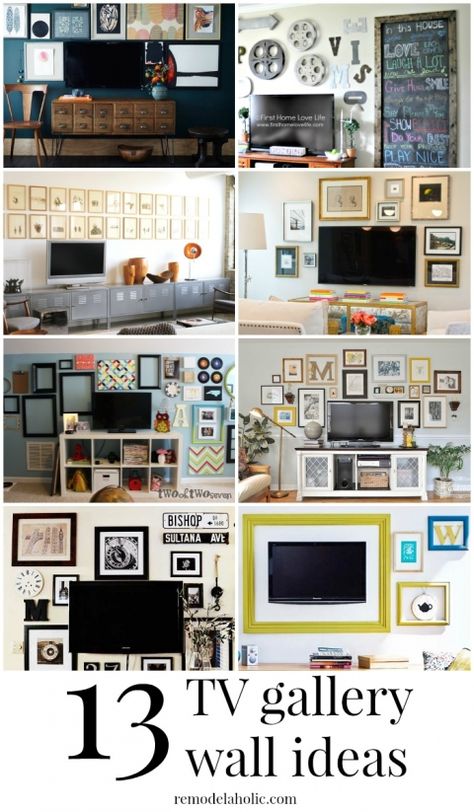 Decorate around the television with these ideas for TV gallery walls @Remodelaholic Tv Gallery Wall Ideas, How To Decorate Around A Tv, Wall Behind Tv, Television Console, Tv Gallery Wall, Television Wall, Decor Around Tv, Tv Wall Decor Ideas, Tv Walls