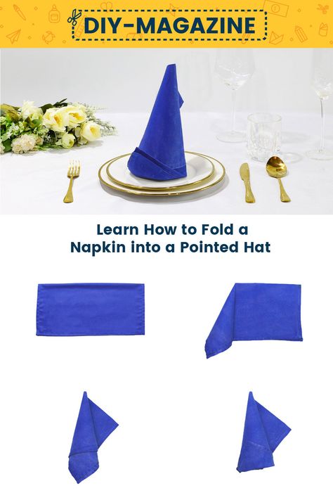 How to fold a napkin into a Pointed Hat Elf Hat Napkin Folding, Way To Fold Napkins, Christmas Napkin Folding Tutorials, Fold A Napkin, Folding Napkins, Napkin Folding Tutorial, Fold Napkins, Christmas Napkin Folding, Black Napkins