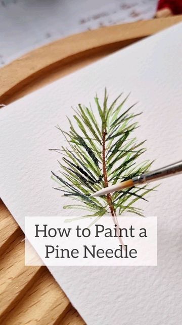 How To Paint Pine Needles Acrylic, Watercolor Doodles Easy Christmas, Watercolor Pine Needles, Watercolor Cards For Beginners, Acrylic Painting Cards Ideas, Water Paint For Beginners, Watercolor Evergreen Trees How To Paint, Watercolor Art Decor, How To Paint On Leaves