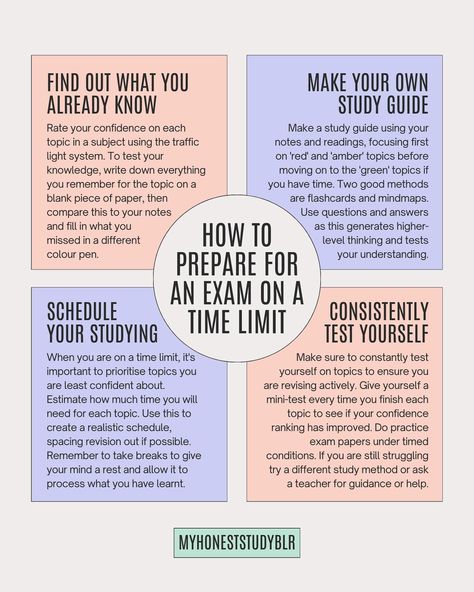 💪⏰ HOW TO PREPARE FOR AN EXAM ON A TIME LIMIT 💪⏰ • QOTD: do you have any exams coming up? • 💾 𝙎𝙖𝙫𝙚 𝙖𝙣𝙙 𝙨𝙝𝙖𝙧𝙚 𝙩𝙝𝙞𝙨 𝙥𝙤𝙨𝙩 𝙛𝙤𝙧 𝙧𝙚𝙛𝙚𝙧𝙚𝙣𝙘𝙚 𝙖𝙣𝙙 𝙩𝙤 𝙝𝙚𝙡𝙥 𝙚𝙣𝙜𝙖𝙜𝙚𝙢𝙚𝙣𝙩! (𝙖𝙣𝙙 𝙛𝙤𝙡𝙡𝙤𝙬 @myhoneststudyblr 𝙛𝙤𝙧 𝙢𝙤𝙧𝙚!) • ⬅️ 𝙨𝙬𝙞𝙥𝙚 𝙩𝙤 𝙨𝙚𝙚 𝙢𝙮 𝙩𝙞𝙥𝙨 • My final exam is next week and so it’s been lots of revision study sessions! I know lots of other people are also going into exam season as well so I thought in this post I would share my four steps for being able to fully prepare for your upcoming exams in the most eff... Test Notes For Students, How To Prepare For Finals, Passing Exams Aesthetic, How To Revise Effectively, Finals Tips, Uni Hacks, Final Exam Study Tips, Graduate School Prep, Notes Motivation