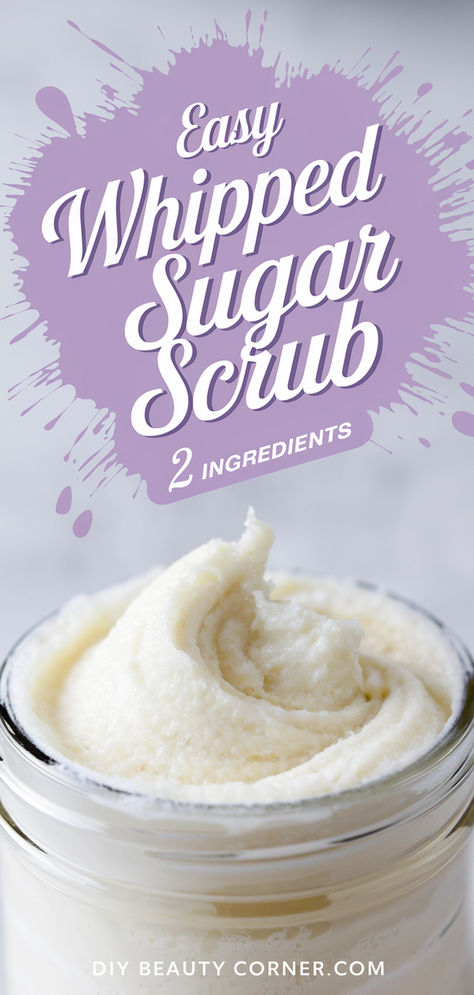 DIY whipped lavender sugar scrub in a jar, made with 2 simple ingredients, perfect for skin exfoliation and natural skincare. How To Make Hand Scrub Homemade, Grinch Sugar Scrub, Lavender Sugar Scrub Diy, Oatmeal Sugar Scrub, Diy Body Scrubs Exfoliating, Diy Lavender Sugar Scrub, Lavender Sugar Scrub Recipe, Natural Homemade Body Scrub, Best Body Scrub Recipe