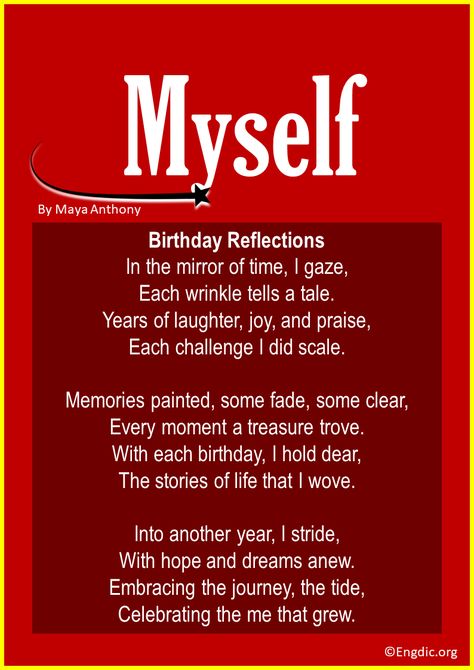 Celebrating another year of life and laughter? Dive into these 15 short and funny birthday poems tailored just for me, myself, and I. Embrace the joy of self-love, and have a chuckle as you commemorate your special day! Short Birthday Poems for Myself 1. Birthday Reflections This poem focuses on the mirror of time, reflecting on the growth and changes one experiences each year. In the mirror of time, I gaze, Each wrinkle tells a tale. Years of laughter, joy, and praise, Each challenge I di... Birthday Wishes Self Love, Birthday Poems For Myself, Celebrating You Quotes Birthday, Birthday Words For Myself, Birthday Wish For Myself, Birthday Message For Myself, 50th Birthday Speech, Short Birthday Poems, Short Funny Poems