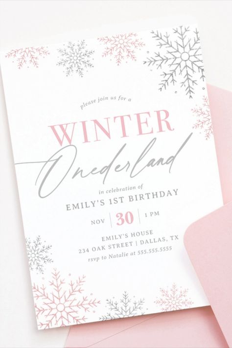 Winter Onederland Silver Pink Glitter 1st Birthday Invitation #winter #birthday #happybirthday #birthdaycards #birthdayparty #firstbirthday #turningone Winter Onederland Party Girl Invitations, First Birthday Girl Winter Onederland, 1st Birthday Winter Onederland, Winter Onederland Party Girl, Winter Onederland Invitations, Winter Onederland Party, First Birthday Girl, Onederland Birthday Party