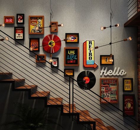 Vinyl Cafe, Popular Home Decor, Music Room Design, Home Music Rooms, Cafe Wall Art, Plain Wall, Retro Bedrooms, Retro Interior Design, Staircase Wall